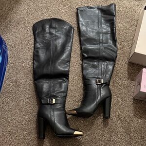 Shoe Dazzle Black Over the Knee Boots with Gold Accents